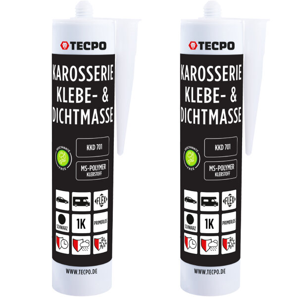 2x TECPO Karosserie Klebe & Dichtmasse KKD 701 Schwarz, 414g MS-Polymer 1K-Dichtstoff