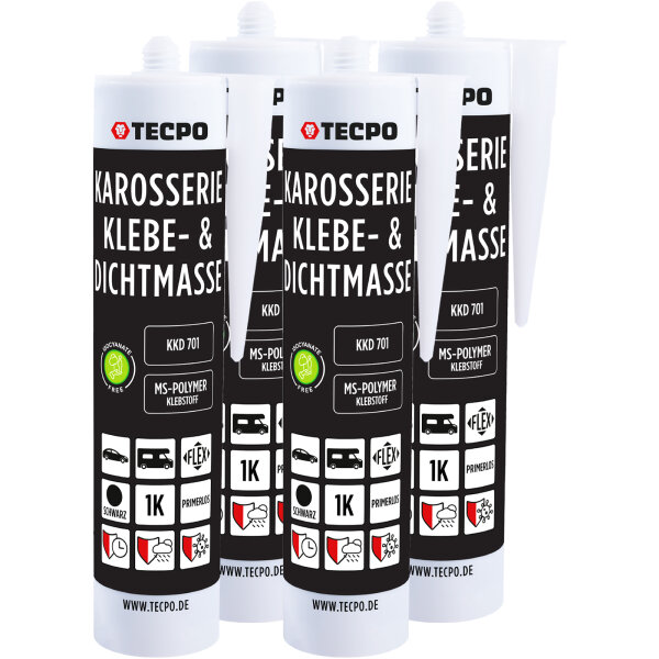 4x TECPO Karosserie Klebe & Dichtmasse KKD 701 Schwarz, 414g MS-Polymer 1K-Dichtstoff
