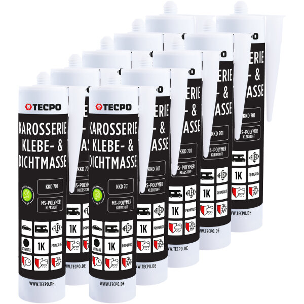 10x TECPO Karosserie Klebe & Dichtmasse KKD 701 Schwarz, 414g MS-Polymer 1K-Dichtstoff