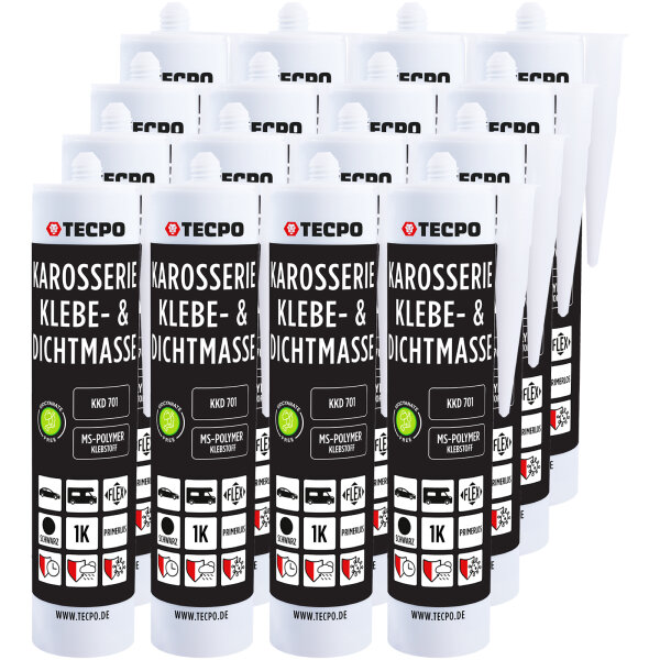 12x TECPO Karosserie Klebe & Dichtmasse KKD 701 Schwarz, 414g MS-Polymer 1K-Dichtstoff