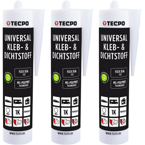 3x TECPO KLEBE UND DICHTSTOFF UNIVERSAL FLEX SEAL 522 WEIß 1K MS POLYMER 480g