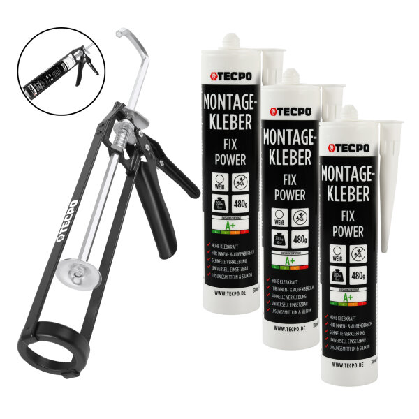 3x TECPO Universal Montagekleber Ultra FIX Power Baukleber 480g Weiß + Kartuschenpresse