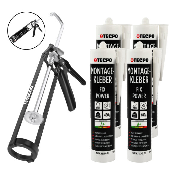 4x TECPO Universal Montagekleber Ultra FIX Power Baukleber 480g Weiß + Kartuschenpresse