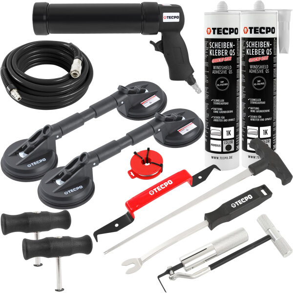 TECPO Windschutzscheibe-Reparaturset + Druckluft-Kartuschenpresse + Druckluftschlauch + 2x Gummi-Doppelsauger + 2x Scheibenkleber MS-Polymer, 290 ml