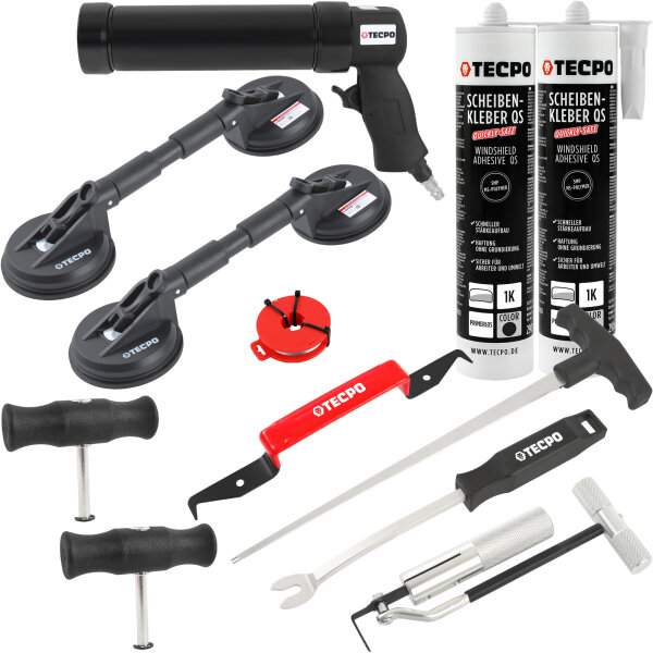 TECPO Windschutzscheibe-Reparaturset + Druckluft-Kartuschenpresse + 2x Gummi-Doppelsauger + 2x Scheibenkleber MS-Polymer, 290 ml