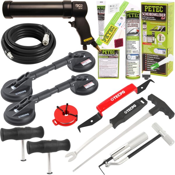 PETEC Scheibenkleber-Set + Ausbau-Werkzeug + Druckluft-Kartuschenpresse + 2x Gummi-Doppelsauger