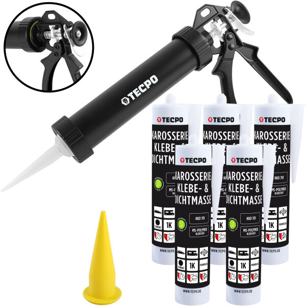 5x TECPO Karosserie Klebe & Dichtmasse KKD 701 Schwarz, 414g MS-Polymer 1K-Dichtstoff + Alu-Kartuschenpresse 220 mm