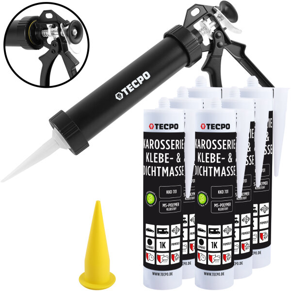 6x TECPO Karosserie Klebe & Dichtmasse KKD 701 Schwarz, 414g MS-Polymer 1K-Dichtstoff + Alu-Kartuschenpresse 220 mm