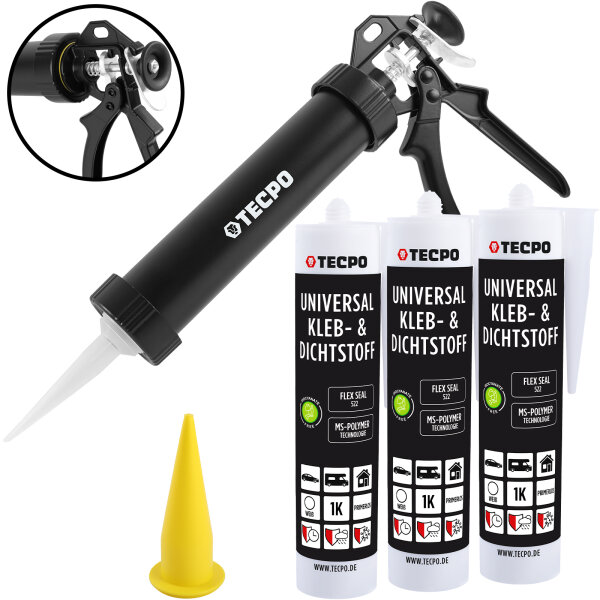 3x TECPO KLEBE UND DICHTSTOFF UNIVERSAL FLEX SEAL 522 WEIß 1K MS POLYMER 480g + Alu-Kartuschenpresse 220 mm