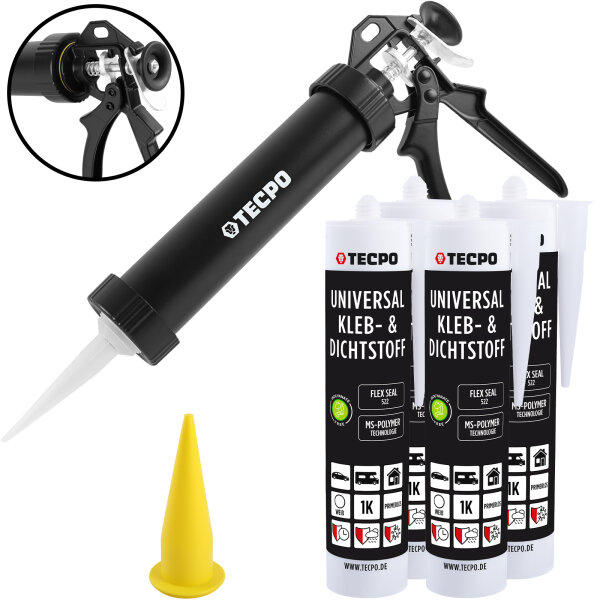 4x TECPO KLEBE UND DICHTSTOFF UNIVERSAL FLEX SEAL 522 WEIß 1K MS POLYMER 480g + Alu-Kartuschenpresse 220 mm