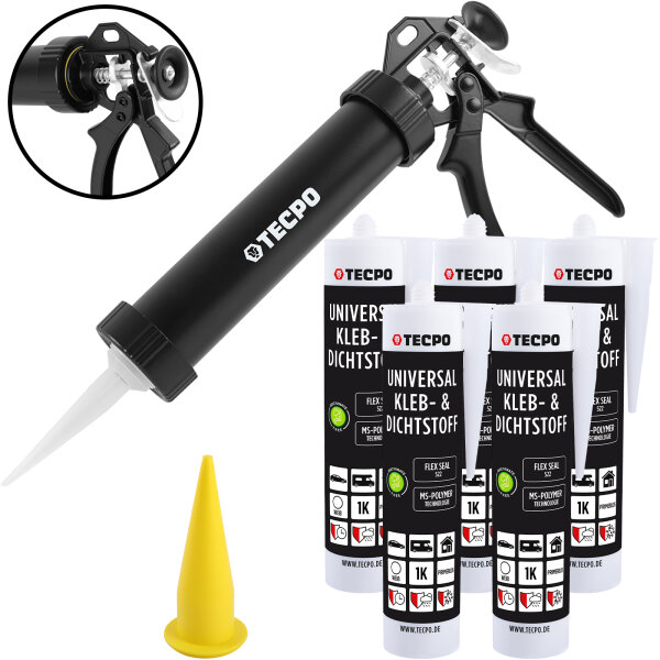 5x TECPO KLEBE UND DICHTSTOFF UNIVERSAL FLEX SEAL 522 WEIß 1K MS POLYMER 480g + Alu-Kartuschenpresse 220 mm