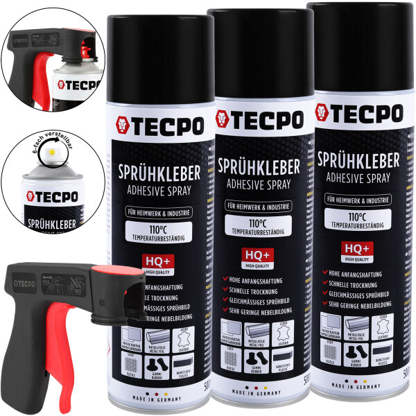 3x TECPO Sprühkleber 110°C  Wärmestand mit Hohe Anfangshaftung Spezial Kleber Industriekleber Alleskleber + Sprühpistole für Spraydosen Aerosol-Dosen