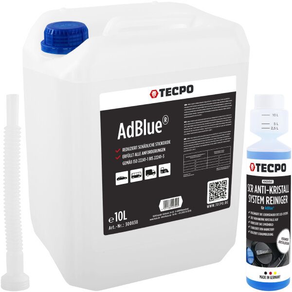 TECPO AdBlue® mit Ausgießer 10 Liter SCR Harnstofflösung + SCR Anti-Kristall Additiv Konzentrat AdBlue® 250 ml
