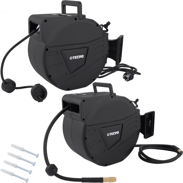TECPO Automatik-Druckluftschlauch-Aufroller 20+2 m Hybrid-Schlauch mit Stoppfunktion + Automatik Kabelaufroller 10 m Stromkabel