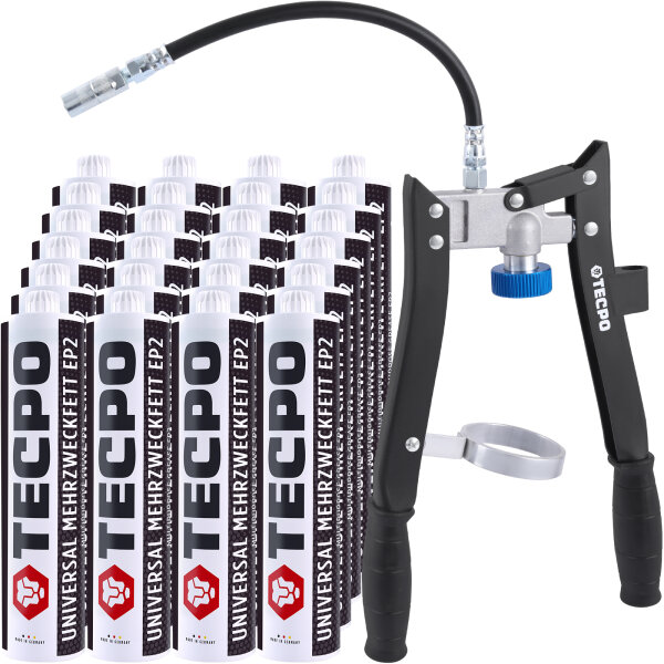 24x TECPO Universal Mehrzweckfett EP2, 500g + Zweihand-Kartuschen Fettpresse 2in1 PROFI-Ausführung 500g für Schraubkartuschen / Fett Mehrzweckfett