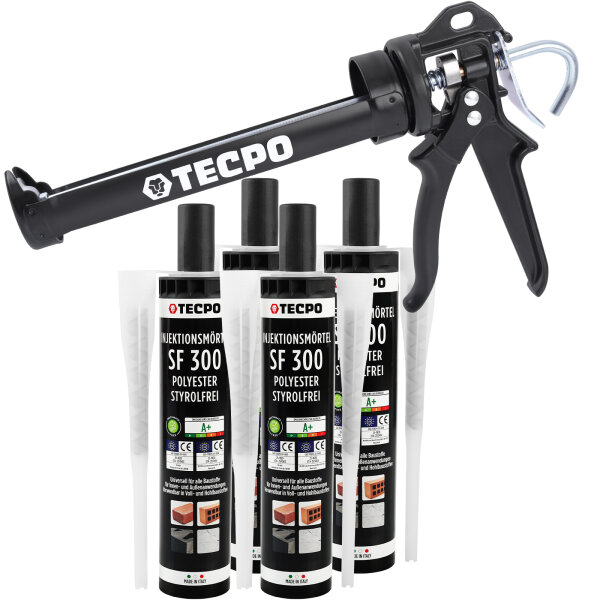 4x TECPO Injektionsmörtel SF 300 Verbundmörtel Montagemörtel 300 ml + Kartuschenpresse 25:1 für Kartuschen 150–310 ml