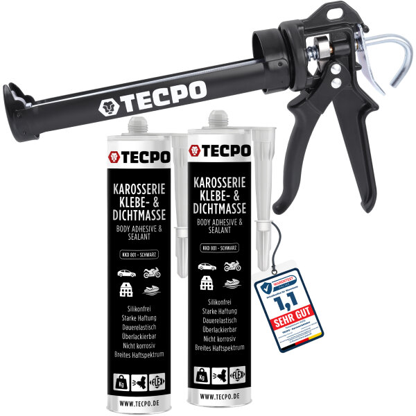 2x TECPO KKD 801 Karosserie Klebe- und Dichtmasse, 370g + Kartuschenpresse Kartuschenpistole 25:1 für Kartuschen 150–310 ml (bis 220 mm Länge)