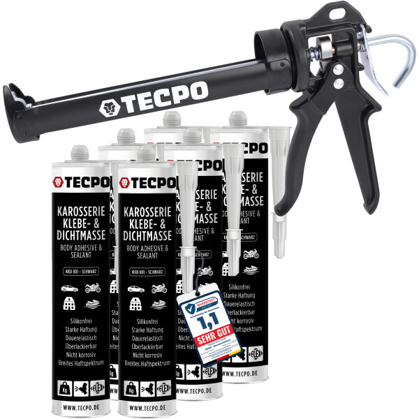 6x TECPO KKD 801 Karosserie Klebe- und Dichtmasse, 370g + Kartuschenpresse Kartuschenpistole 25:1 für Kartuschen 150–310 ml (bis 220 mm Länge)