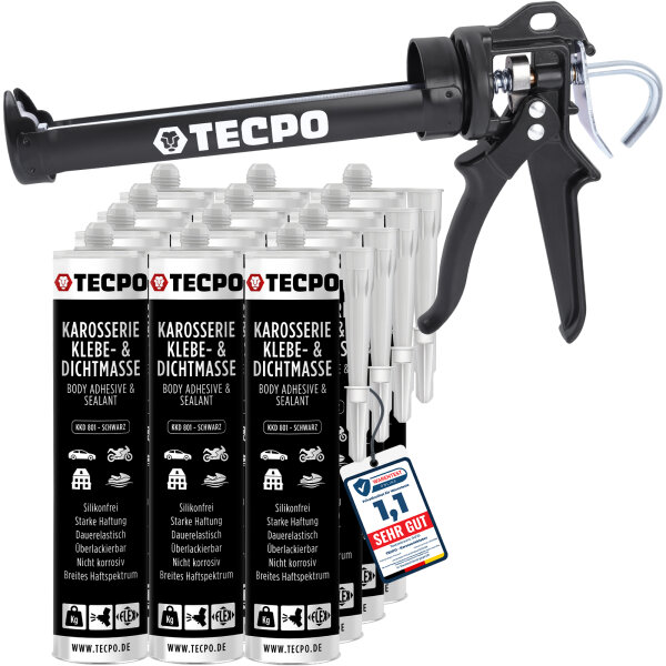 12x TECPO KKD 801 Karosserie Klebe- und Dichtmasse, 370g + Kartuschenpresse Kartuschenpistole 25:1 für Kartuschen 150–310 ml (bis 220 mm Länge)