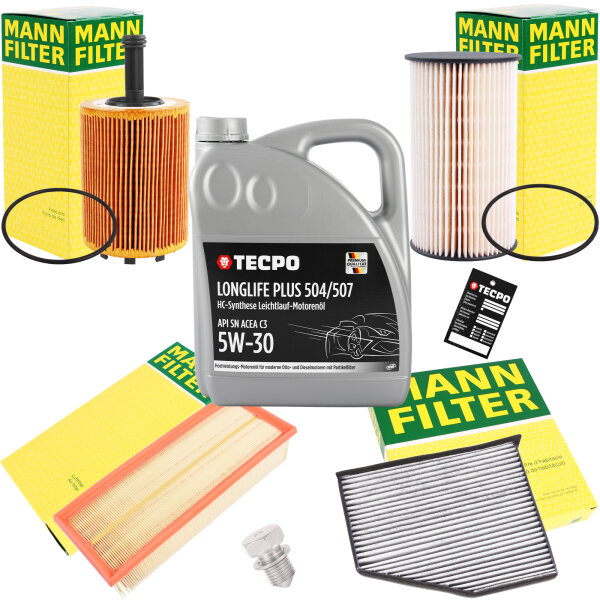 MANN-FILTER Inspektionspaket für VAG + 5L TECPO 5W-30 LONGLIFE PLUS MOTORÖL für VW 504.00 507.00