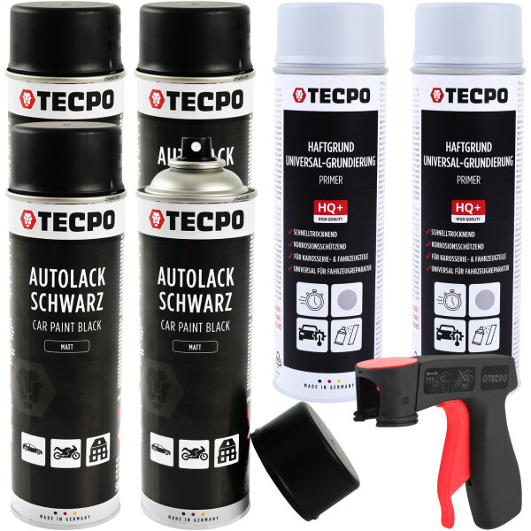 2x TECPO Autolack schwarz matt 500 ml + 4x TECPO Grundierung grau Sprühdose Primer, 500 ml