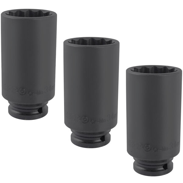 3x TECPO Kraft-Steckschlüssel-Einsatz 1/2" SW 34mm Zwölfkant, tief Antrieb Innenvierkant 12,5 mm
