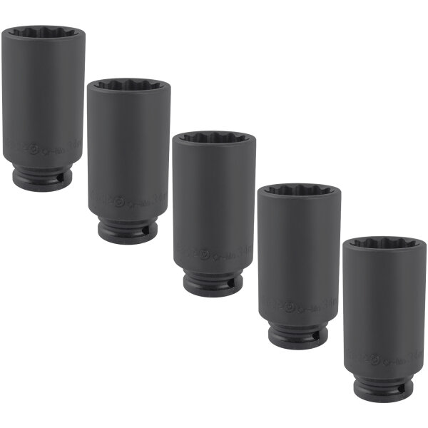 5x TECPO Kraft-Steckschlüssel-Einsatz 1/2" SW 34mm Zwölfkant, tief Antrieb Innenvierkant 12,5 mm