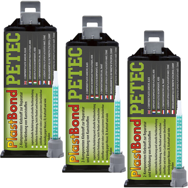 3x PETEC 98350 PlastBond Kunststoffreparatur schwarz 2K Klebststoff schnellhärtend, 50 ml