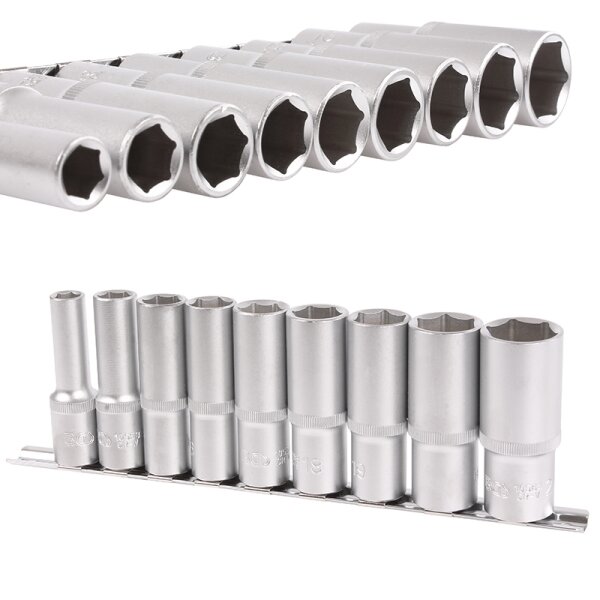 BGS Steckschlüssel-Einsatz-Satz Sechskant, tief | Antrieb Innenvierkant 12,5 mm (1/2") | SW 10 - 24 mm | 9-tlg.
