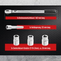 TECPO Drehmomentschlüssel 1/2 Zoll Set 17-19-21 mm Steckschlüssel + Verlängerung