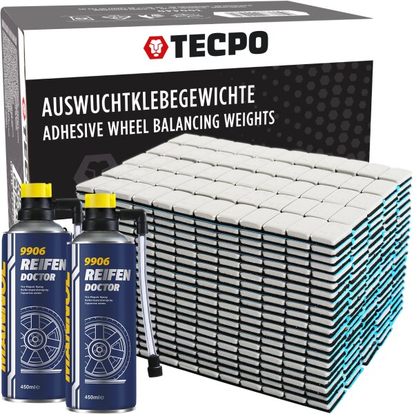 TECPO Klebegewichte 1200-teilig Auswucht Gewichte, 5g + 2x Reifen Doctor, 450 ml