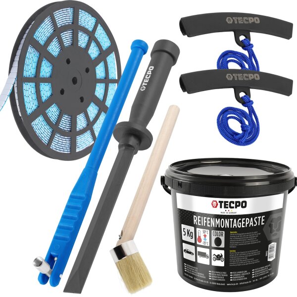 TECPO Felgenkantenschutz + Klebegewicht Schaber Entferner + Ventileinzieher + Reifen Montagepaste mit Pinsel + Auswucht Gewichte