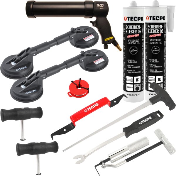 TECPO Windschutzscheibe-Reparaturset + Druckluft-Kartuschenpresse + 2x Gummi-Doppelsauger + 2x Scheibenkleber MS-Polymer, 290 ml