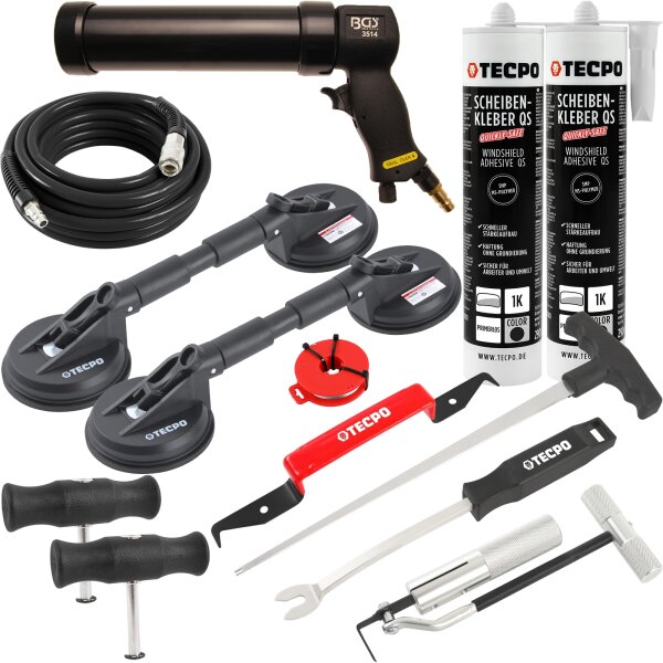 TECPO Windschutzscheibe-Reparaturset + Druckluft-Kartuschenpresse + Druckluftschlauch + 2x Gummi-Doppelsauger + 2x Scheibenkleber MS-Polymer, 290 ml