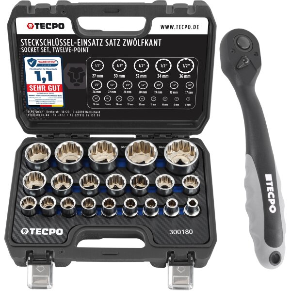 TECPO Vielzahn Steckschlüssel Satz SW 8-36 mm, 1/2" + Umschaltknarre 1/2"