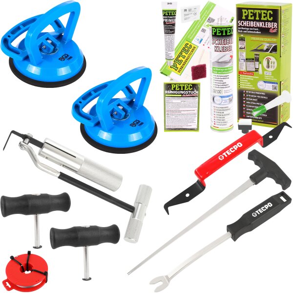 PETEC Scheibenkleber-Set + Ausbau-Werkzeug + 2x Gummisauger Ø 115 mm