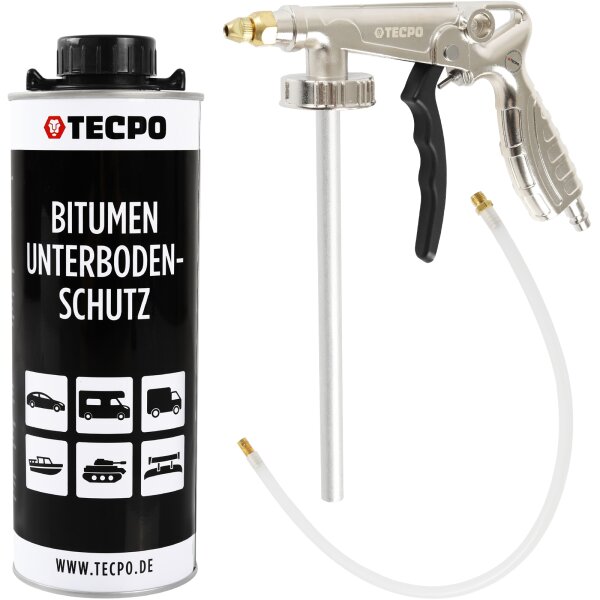 TECPO Unterbodenschutz Bitumen schwarz, 1L + Druckluft Unterbodenschutz Pistole