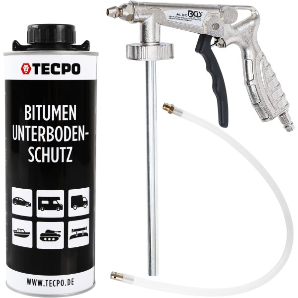 TECPO Unterbodenschutz Bitumen schwarz, 1L + BGS Druckluft Unterbodenschutz Pistole