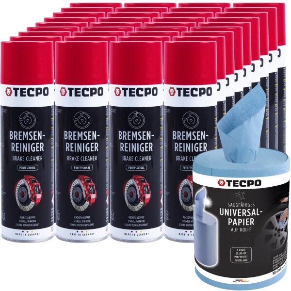 36x TECPO Bremsenreiniger Universal Reiniger, 500 ml + Putzrolle blau 2-lagig, 23x30 cm, MINI-300