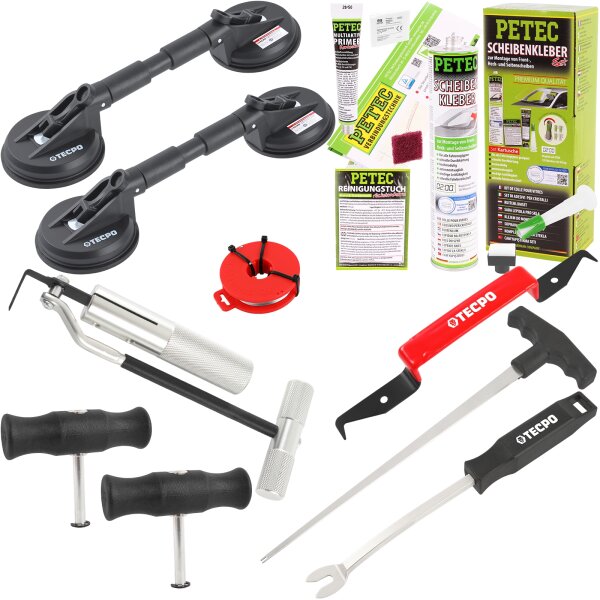 PETEC Scheibenkleber-Set 310 ml + TECPO Ausbau-Werkzeug + 2x TECPO Gummi-Doppelsauger, Ø 118 mm