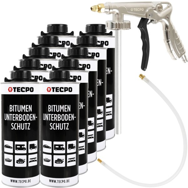 TECPO Unterbodenschutz Bitumen schwarz, 10L + Druckluft Unterbodenschutz Pistole