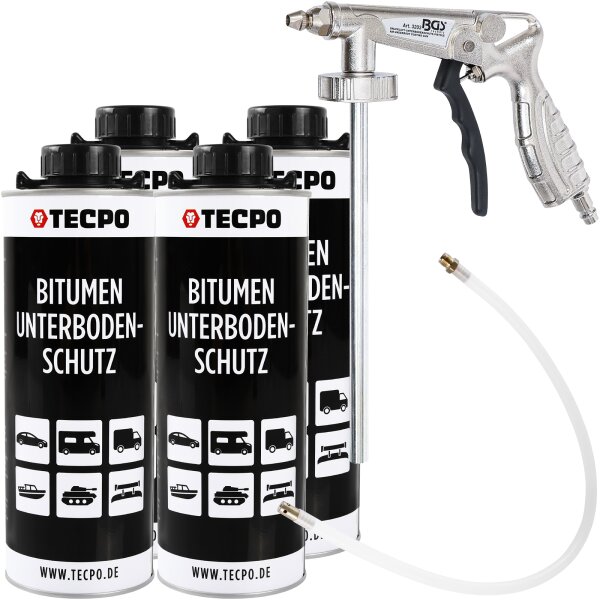 TECPO Unterbodenschutz Bitumen schwarz, 4L + BGS Druckluft Unterbodenschutz Pistole