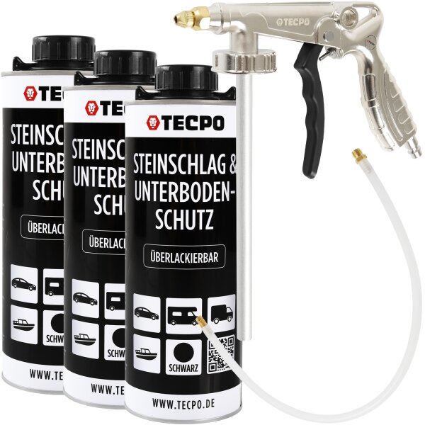 3x TECPO Unterbodenschutz Überlackierbar Schwarz, 1000 ml + Druckluft Unterbodenschutz Pistole