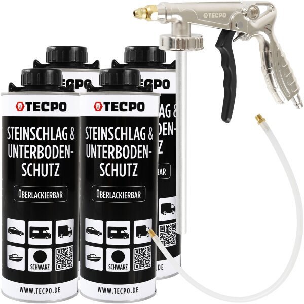 4x TECPO Unterbodenschutz Überlackierbar Schwarz, 1000 ml + Druckluft Unterbodenschutz Pistole