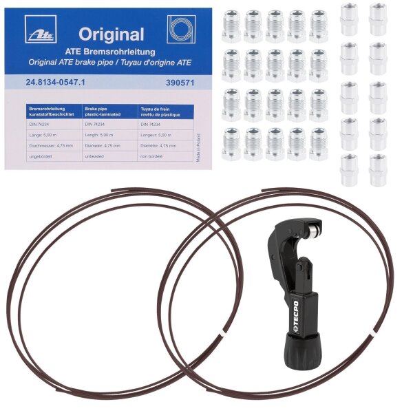2x ATE Bremsleitung 5m Stahlleitung 4.75 mm + Schrauben + Schneider