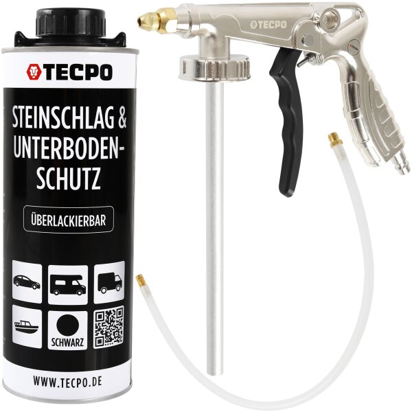 TECPO Unterbodenschutz Überlackierbar Schwarz, 1000 ml + Druckluft Unterbodenschutz Pistole