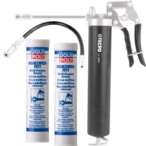 TECPO Einhand-Fettpresse + Panzerschlauch + LIQUI MOLY Mehrzweckfett, 2x400 g