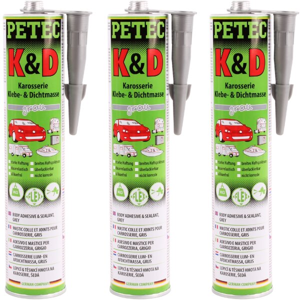 3x PETEC K&D Karosserie Klebe- und Dichtmasse grau, 310 ml