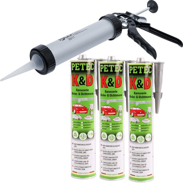 BGS Alu-Kartuschenpresse + PETEC K&D Karosserie Klebe- und Dichtmasse grau, 3x310 ml
