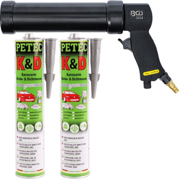 BGS Druckluft-Kartuschenpresse + PETEC K&D Karosserie Klebe- und Dichtmasse grau, 2x 310 ml
